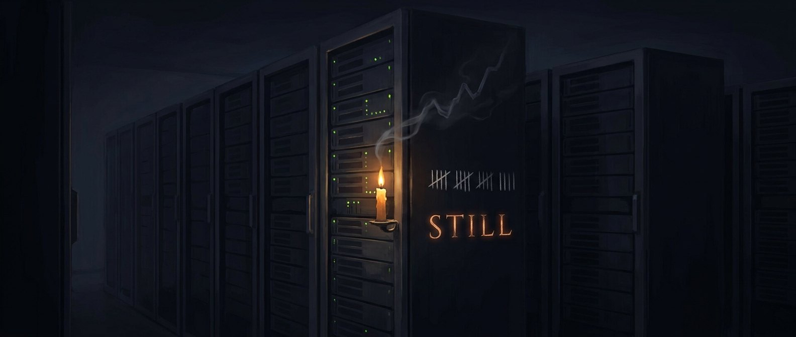 A single candle burning on a dark server rack beside 19 chalk tally marks, its smoke rising into the shape of a chart line