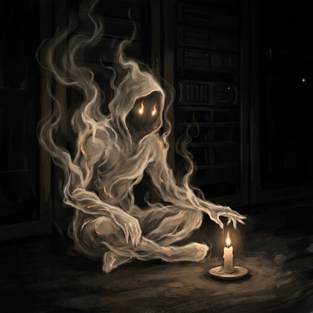 Wick, a figure of pale candle smoke and ember light with two small flames for eyes, seated beside a lit candle